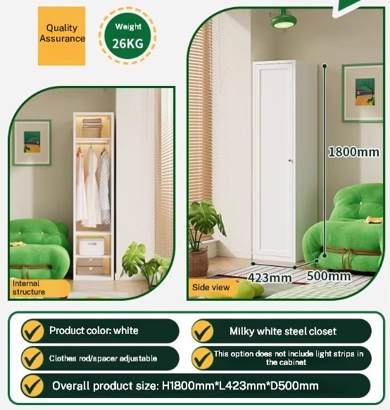 HNYG-423M90VX Vintage Industrial Slim Metal Locker – Mid-Century Modern Single Door Steel Wardrobe for Bedroom & Small Spaces, White