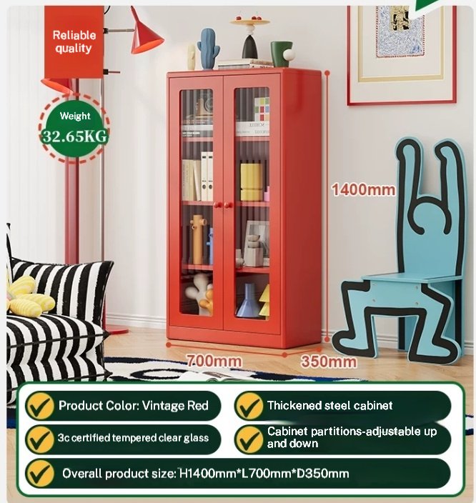 Child-Safe Red Steel Bookshelf for Schools & Daycares | Zero-Formaldehyde 1400mm Storage with 3C Tempered Glass