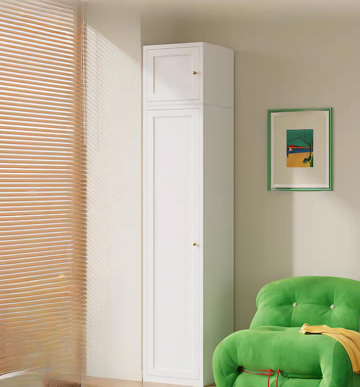 Mid-century modern metal storage cabinet in bedroom setting