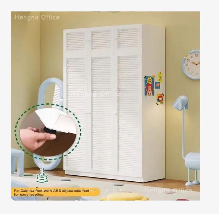White louvered door metal wardrobe with ABS adjustable feet in a children’s room, showing close - up of adjustable foot for easy leveling.