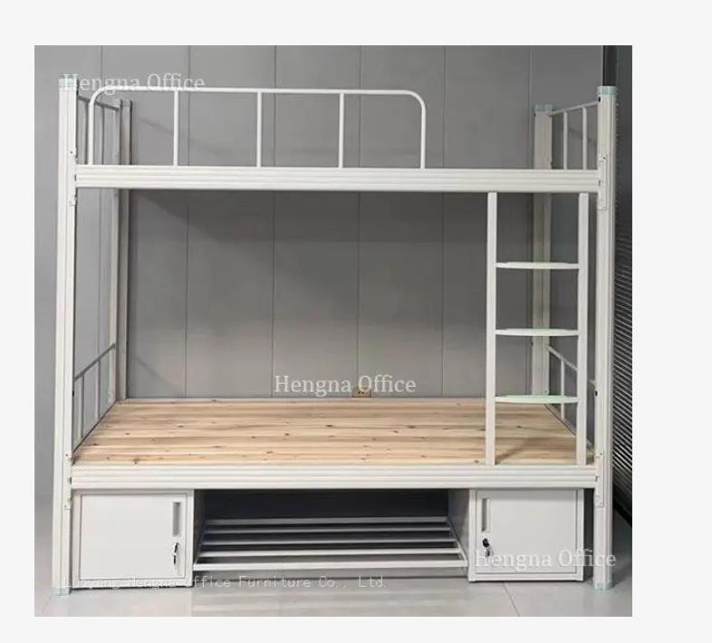 White steel bunk bed with wooden slats