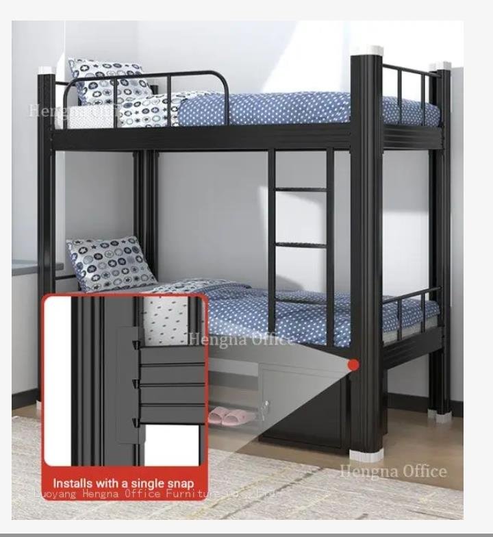 Black bunk beds installed in a modern hostel dormitory room