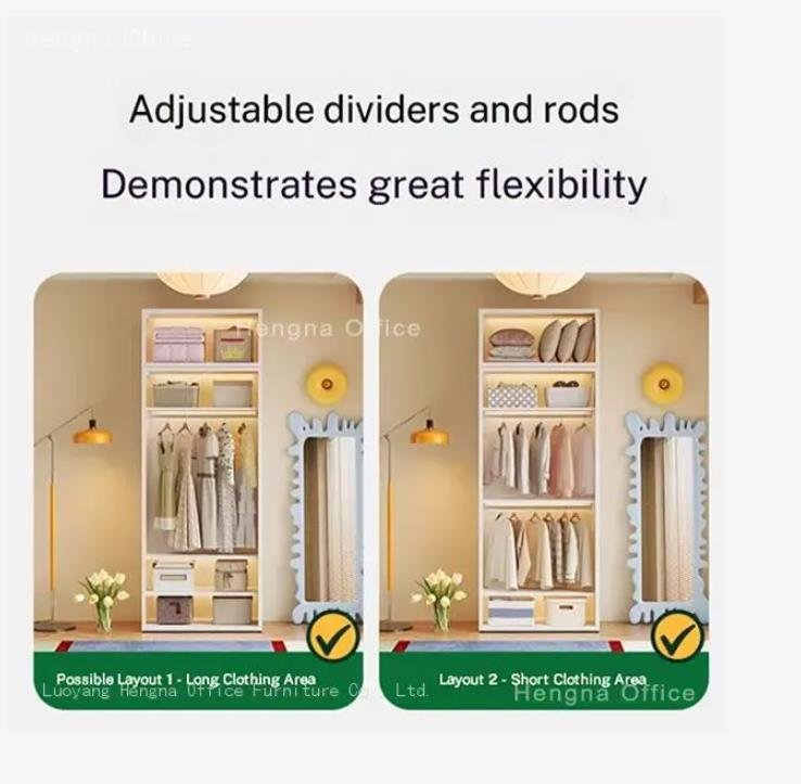 Two wardrobe layout examples demonstrating adjustable dividers and rods for flexible storage: Possible Layout 1 - Long Clothing Area and Layout 2 - Short Clothing Area.