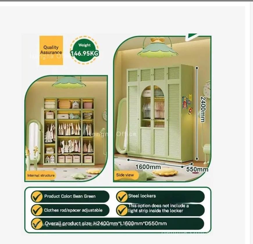 Bedroom metal wardrobe with hanging rod and louvered door, modular closet for studio apartment, cold rolled steel, green finish.