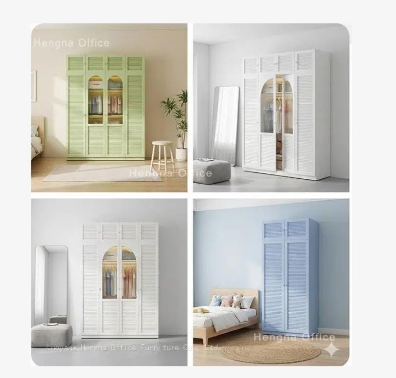 Studio apartment bedroom with modular metal wardrobe and louvered doors, space-saving floor-to-ceiling design.