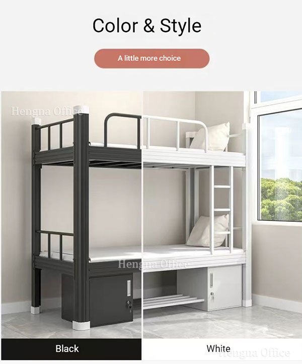 Portable steel bunk bed available in black and white color options for construction site worker housing