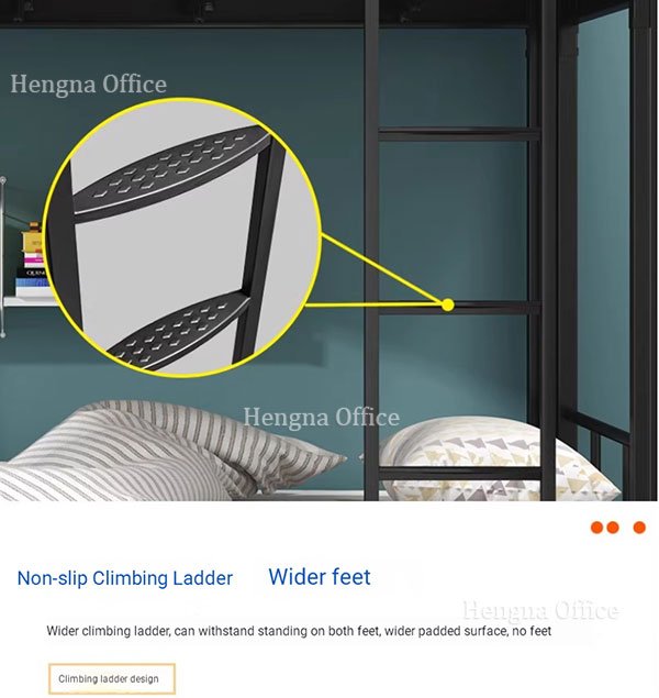 Raised safety guardrail on upper bunk of twin size metal bunk bed, 25cm height above mattress for worker safety