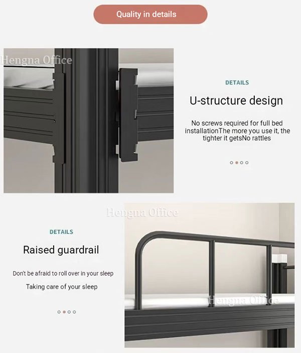 U-channel tool-free connection system on commercial metal bunk bed frame, no screws required for assembly