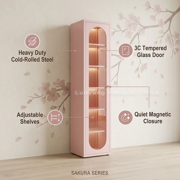 Blush Pink Steel Bookcase, Arched Glass Door, 4 Adjustable Shelves, 78.7" Tall 5 Blush Pink Steel Bookcase, Arched Glass Door, 4 Adjustable Shelves, 78.7" Tall
