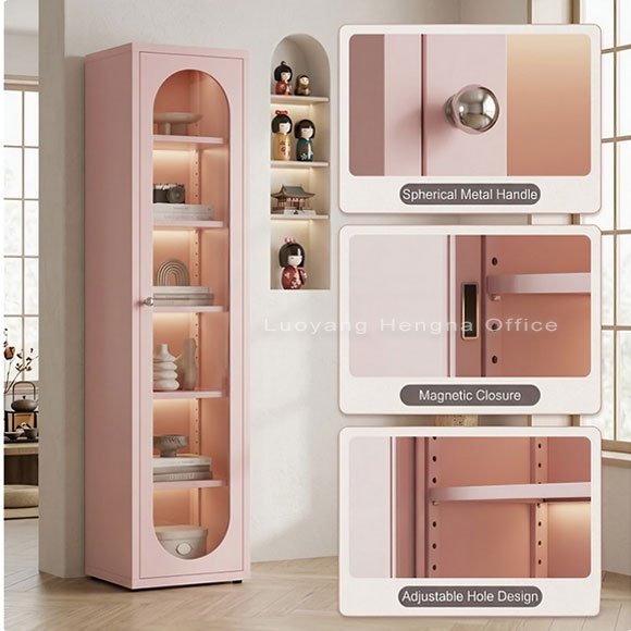 Blush Pink Steel Bookcase, Arched Glass Door, 4 Adjustable Shelves, 78.7" Tall 2 Arched glass door steel bookcase in blush pink, cold-rolled steel frame, factory supplier