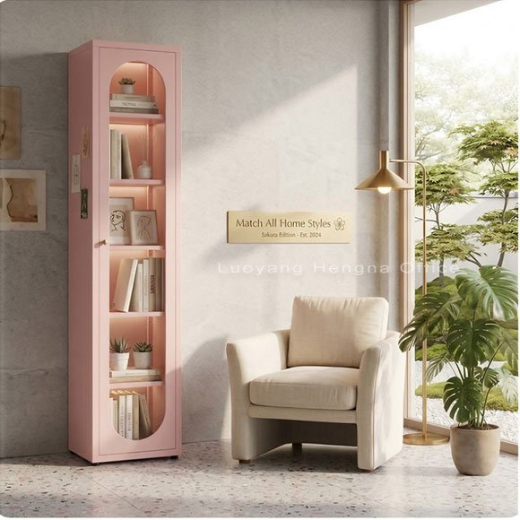 Blush Pink Steel Bookcase, Arched Glass Door, 4 Adjustable Shelves, 78.7" Tall 3 Pink French arch steel bookcase displayed in boutique retail store setting, wholesale B2B