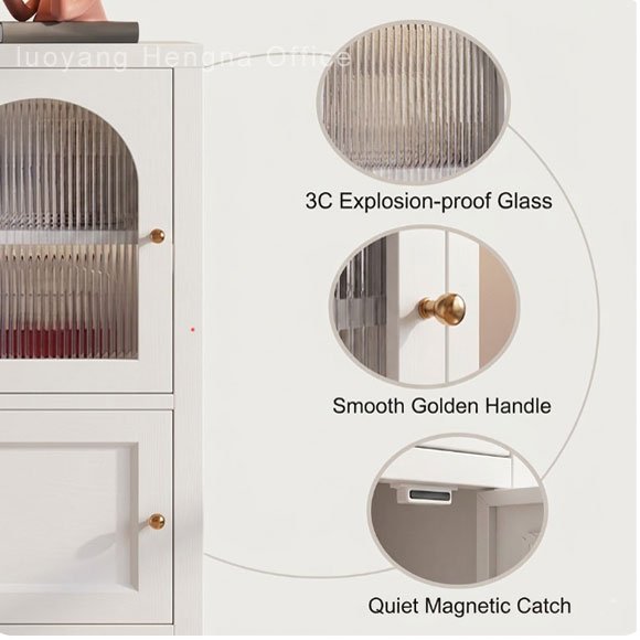 magnetic soft-close mechanism on reeded glass buffet cabinet — silent operation