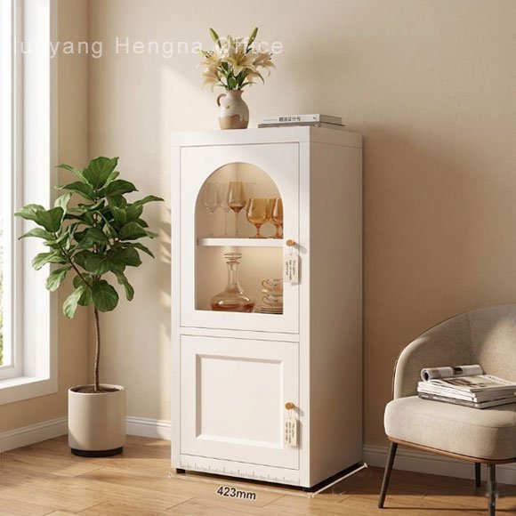 reeded glass buffet cabinet placed in restaurant dining room beside table setting