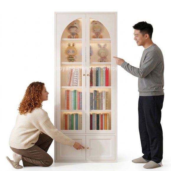 display cabinet in vacation rental living room with local artisan decor 