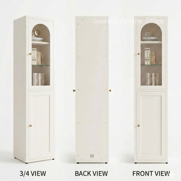 cream white powder coated steel frame with tempered glass door close-up showing matte finish