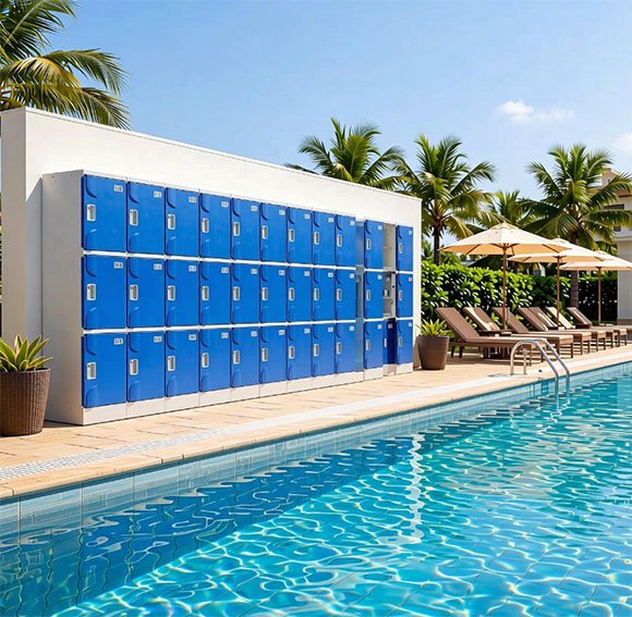 ABS plastic locker row at beachside resort changing room — salt air resistant 20-year design life cabinet