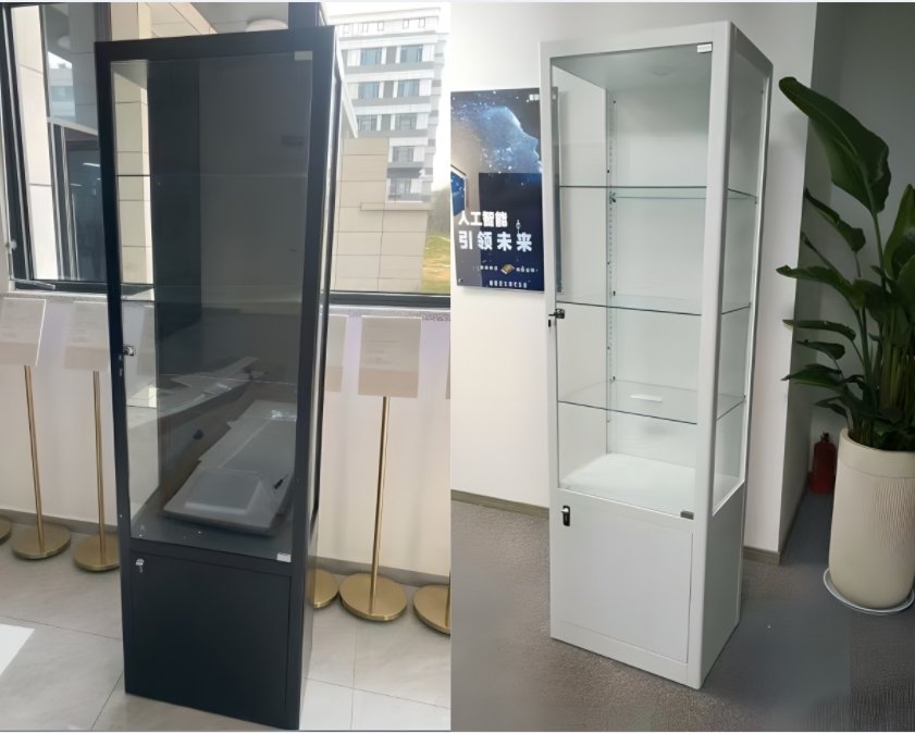 multiple narrow steel display cabinets in collector's room showing flexible layout arrangement