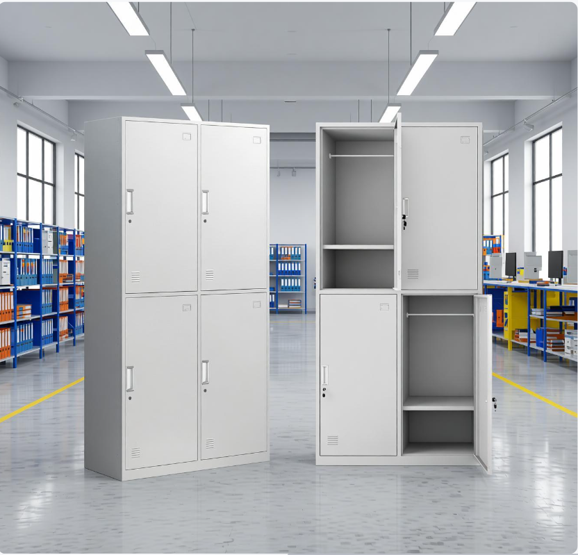 heavy duty steel lockers installed in factory changing room row of units