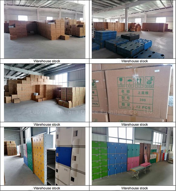 Hengna warehouse stock of ABS plastic lockers — packaged export cartons with shipping labels and finished multi-color cabinets ready for shipment