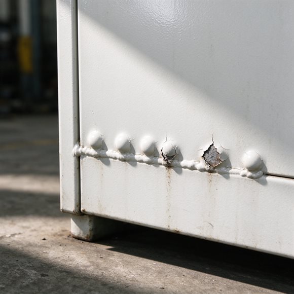 powder coating blistered along a weld seam on a white steel cabinet panel
