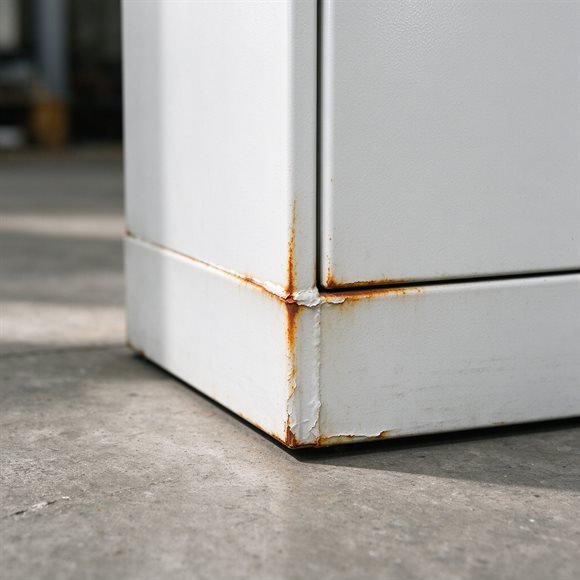 rust creeping out from the folded corner of a white steel cabinet door
