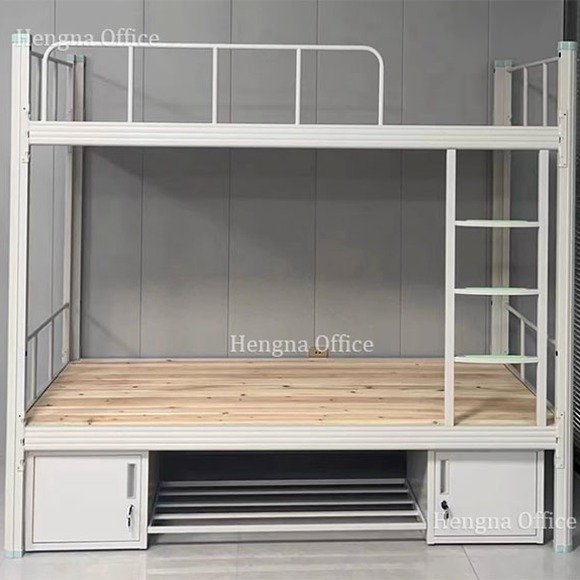 steel bunk bed with solid board sleeping deck and under-bed lockers in a staff room